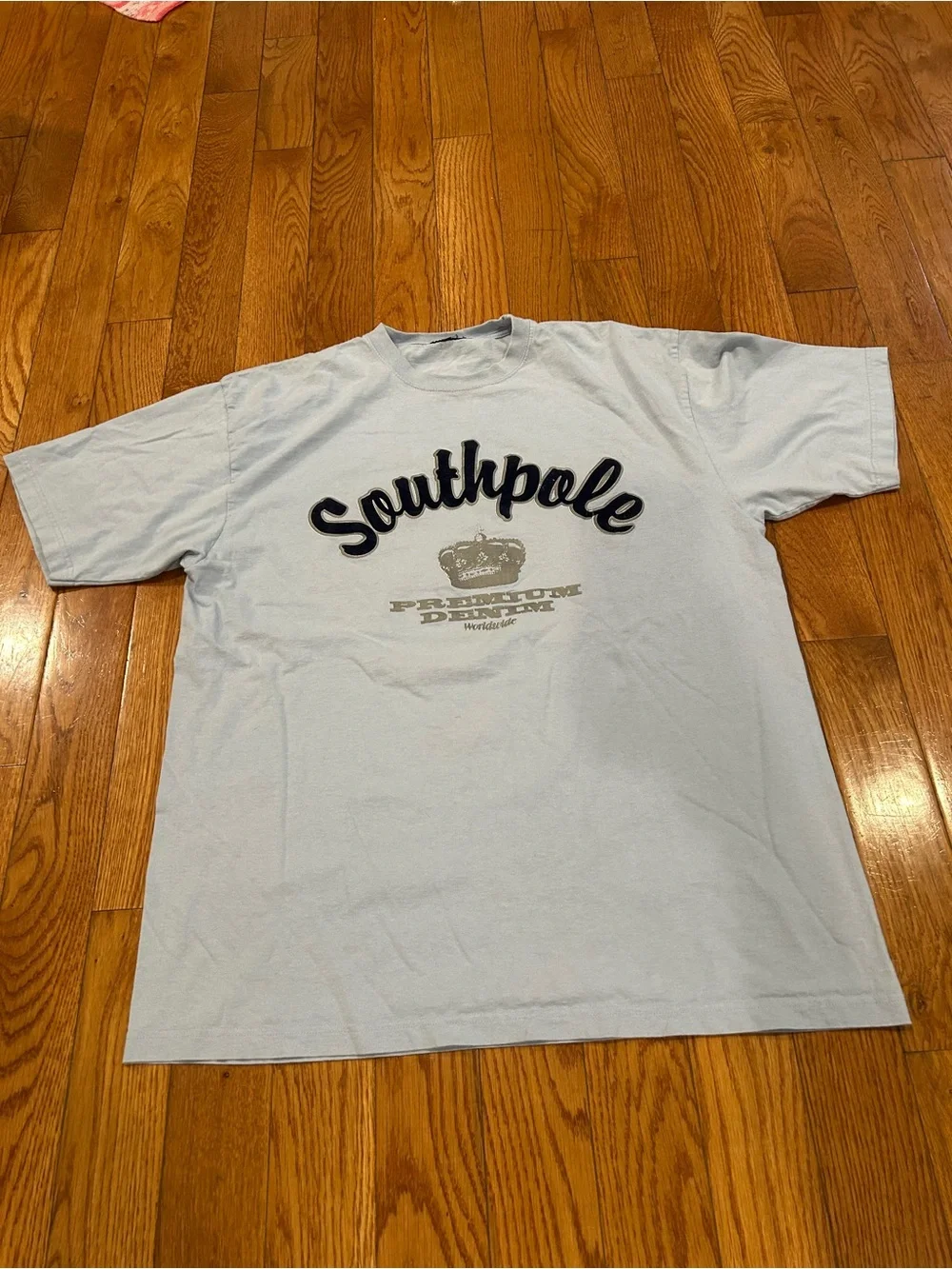 Vintage Southpole Shirt Mens Light Blue Premium Denim Graphic Logo Short Sleeve